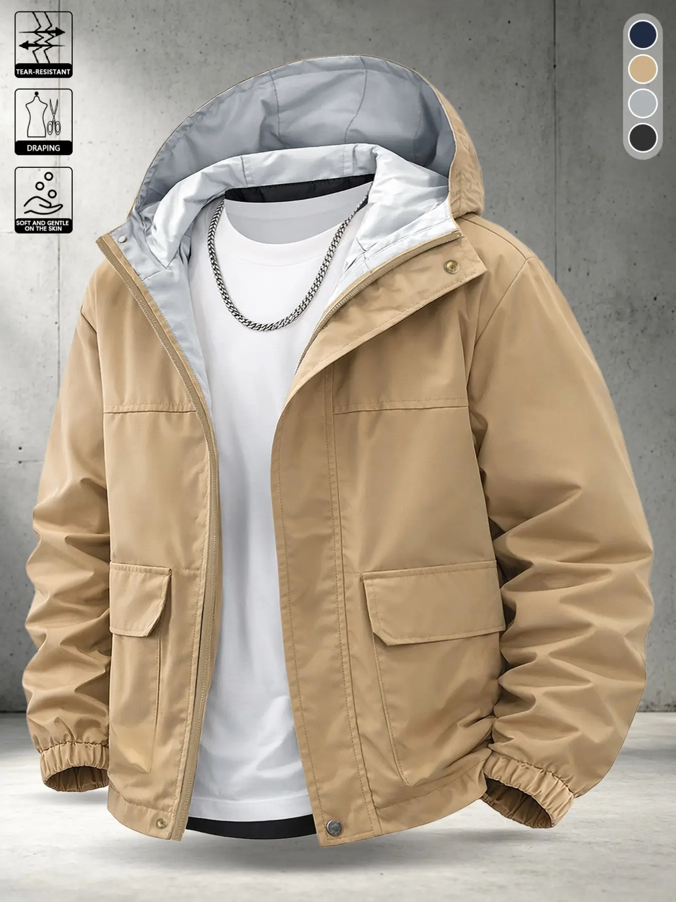 Men's Casual Hooded Flying Jacket, Long Sleeve Loose-Fit, All-Season Plain Design, Zipper Closure, Pocket Details, Comfortable Outerwear