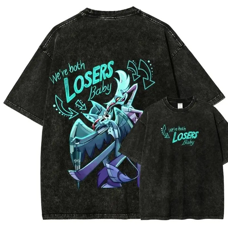Hazbin Hotel Couple Graphic Print Oversized Short-Sleeve Round Neck T-Shirt - Vintage Washed Cotton Loose Casual Sports Top for Men and Women Matching Outfits, Tshirt, Casual Wear, Washed Look