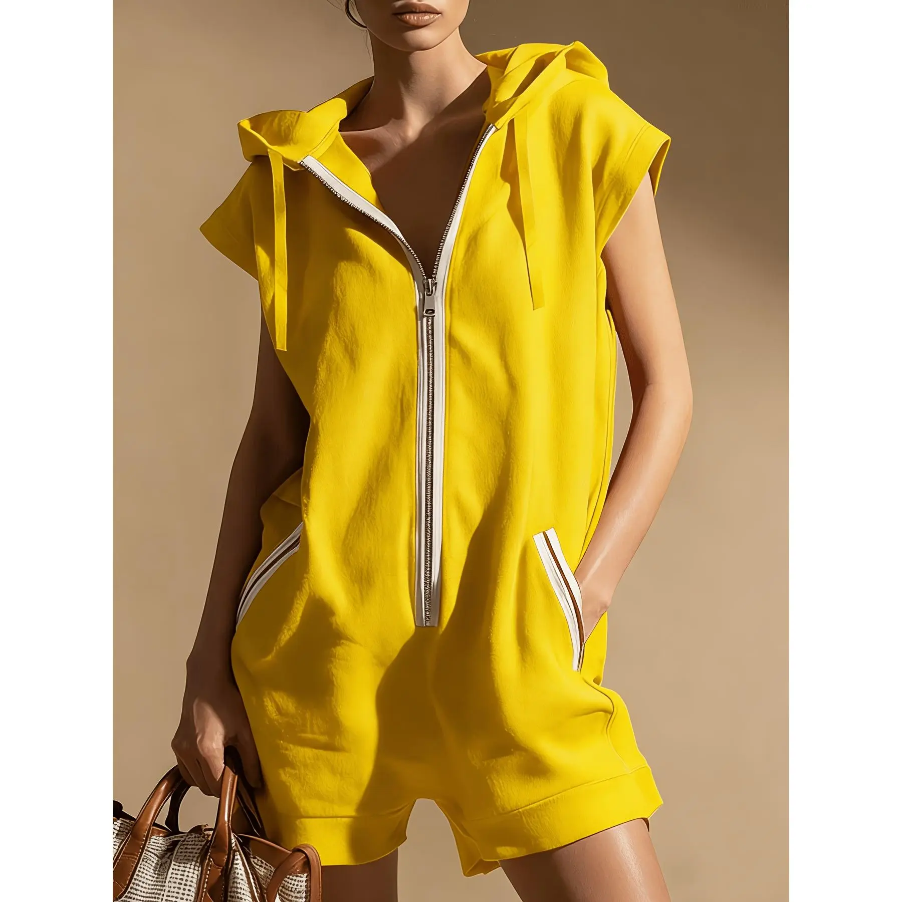 Women's Solid Color Hooded Sweatshirt Sports Jumpsuit, Suitable for Casual Outings And Sports Activities