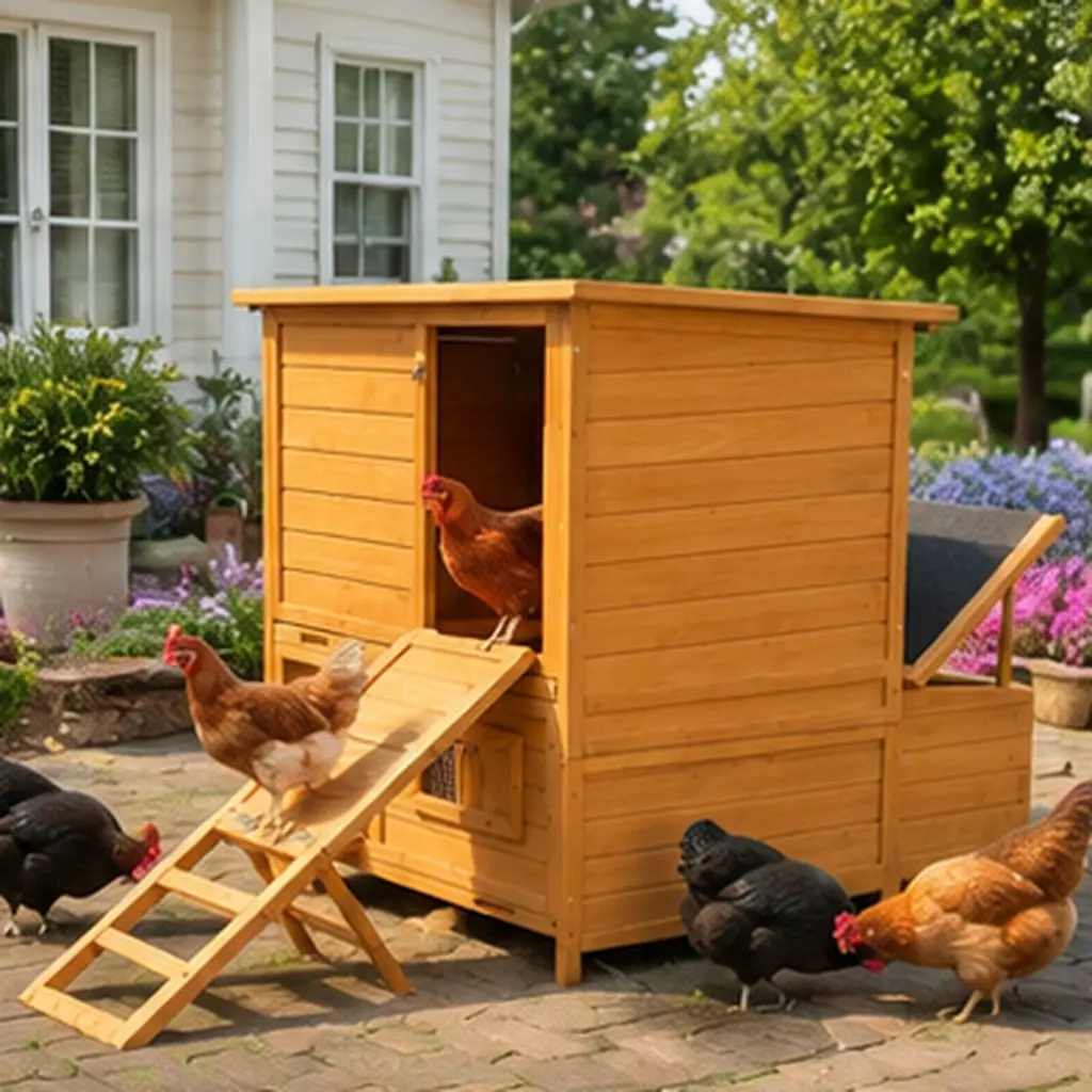 ARCH Wooden Chicken Coop Double-House for 6-8 Chickens with 3 Nesting Boxes 2 Pull-Out Trays Foldable Ramp Asphalt Roof Outdoor Poultry Hen House Orange Natural Spruce Wood Garden Backyard Chicken Enclosure, Orange Color Options, Wood Material