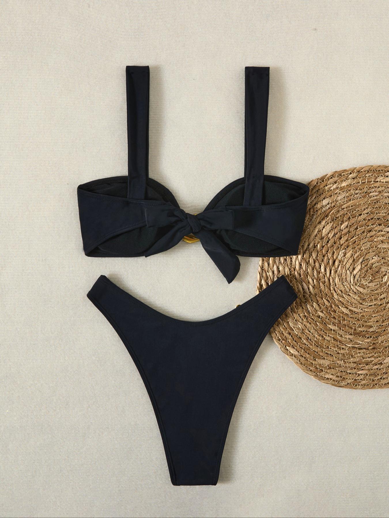 Two-piece Set Women's Solid Color Irregular-Shaped Metal Decor Bikini Set, High Stretch Casual Fashion Chic Tie Back Backless Swim Top & High Cut Swim Bottom for Beach Holiday Vacation, Ladies Swimwear for All Seasons, Tie Back Bikinis