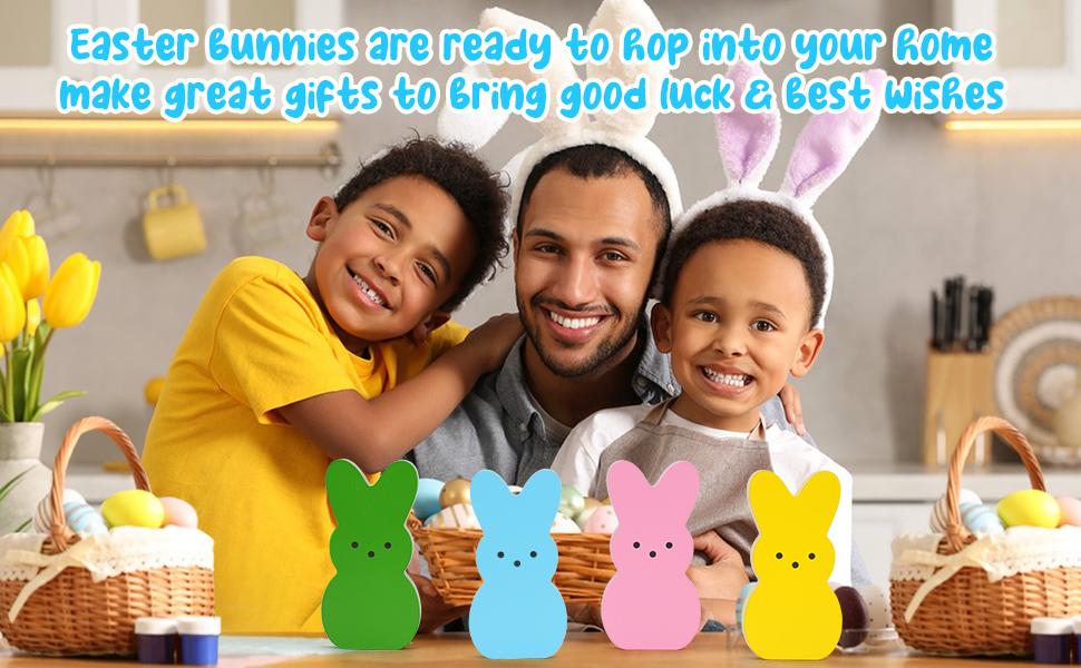 Easter Décor, 4 Pcs Bunny Table Decorations Wooden Spring Signs for Home, Wood Rabbit Tiered Tray/Mantal Décor for Farmhouse or Office Party Supplies