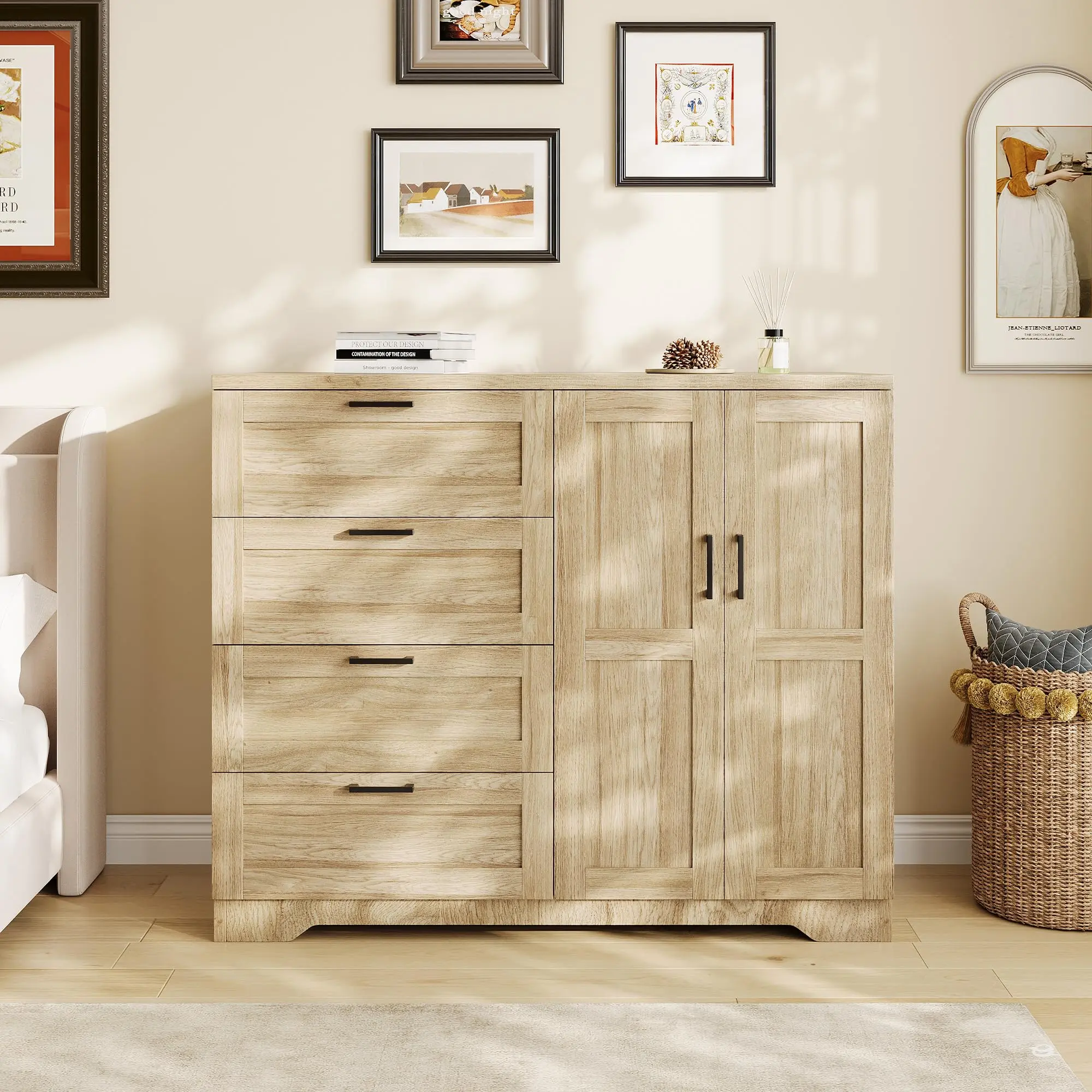Multifunctional Wooden Dresser for Bedroom, 43.3 in H 2 Door Wardrobe Armoire Closet with 4 Drawers and Hanging Rod, Low Storage Cabinet for Hanging Cloth, Natural Oak(2 Boxes)