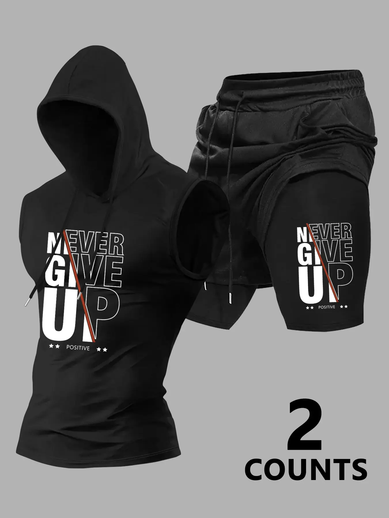 Men's Print 2-Piece Set, Hooded Sleeveless Vest and Drawstring Basketball Shorts, Comfortable Casual, Ideal Gift for Family and Friends