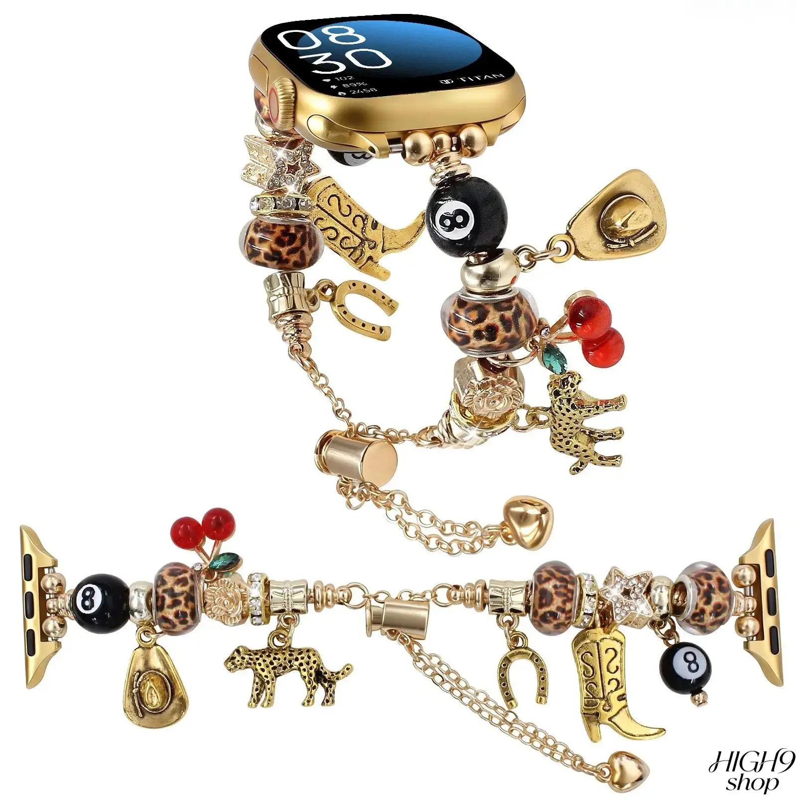 Western Style Leopard Print Multi-Strand Beaded Metal Bracelet Wrist Strap Decorated With 8 Billiard Ball Charms, Vintage Smartwatch Replacement Accessory Available In All Sizes, Trendy Retro Wearable Accessory For Daily Casual Outfits, Only The Wrist Str