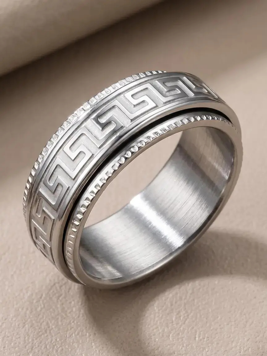 Men's Stainless Steel Ring, Unisex Design, Textured Pattern, Anti-Stress Anxiety Relief Rotating Ring, Rotatable Ring, Spinner Rings, Fidget Spinner Ring, Decompression Ring, Fashion Couple Jewelry, Daily Casual Wear, Gift for Couples, Perfect Gift
