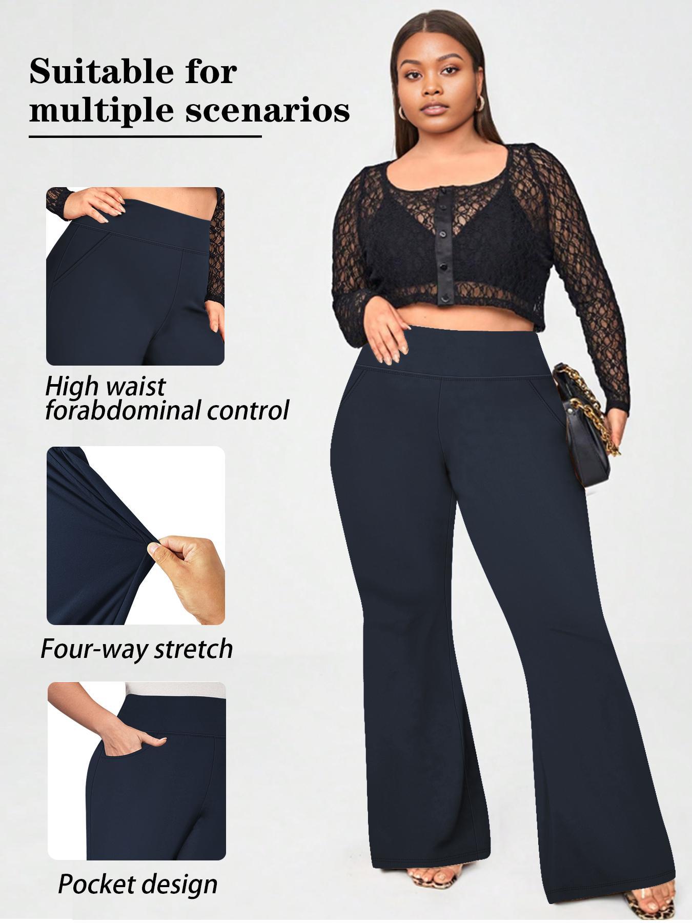 【 Plus Size】 Solid High Waist Flare Leg Pants, Casual Fashion Pants, Casual Comfy Pocket Design Bell Bottom Pants for Daily Wear, Women's Bottoms for All Seasons