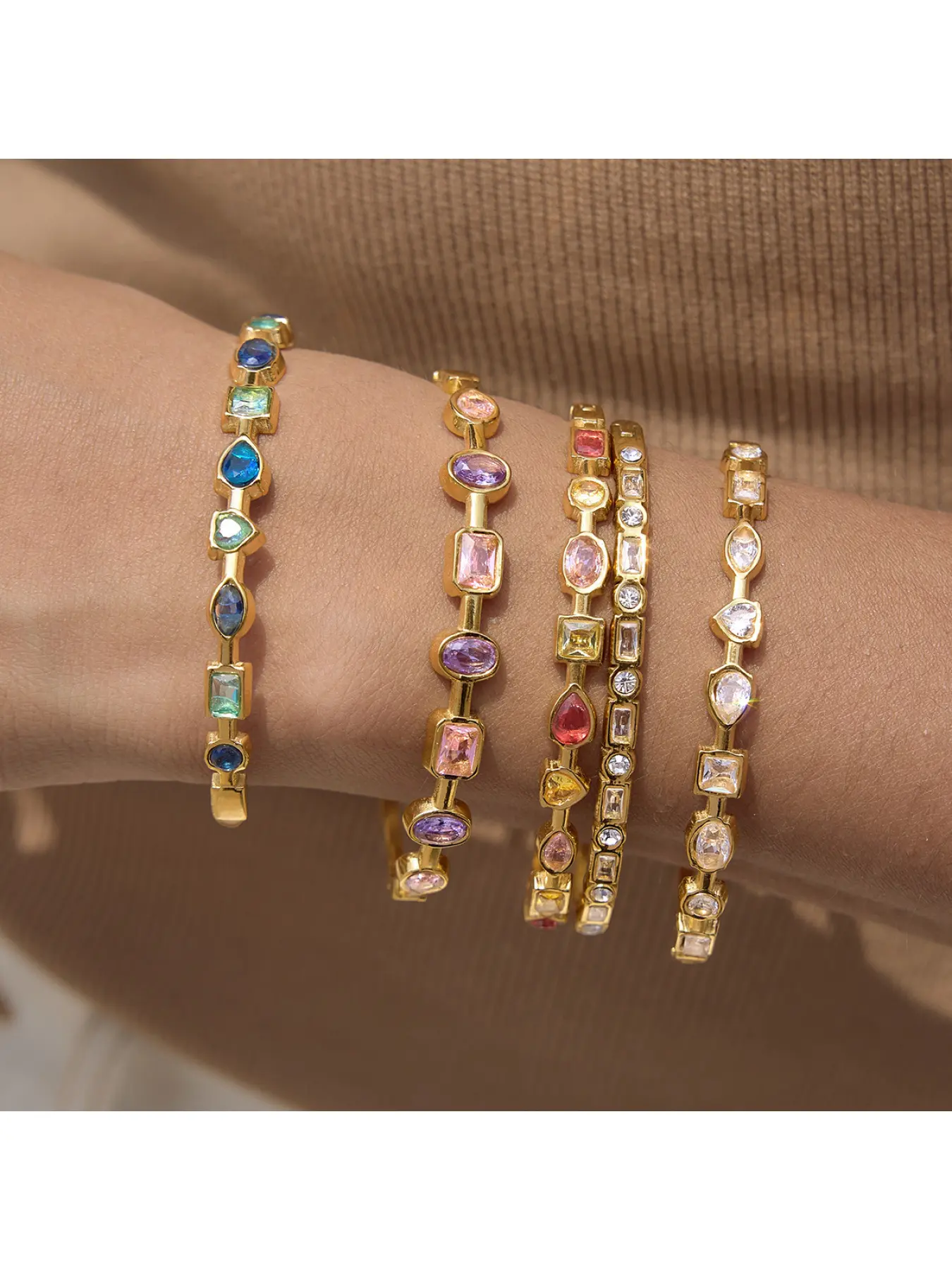 8K Gold Plated Stainless Steel Mixed Shape Blue Green Gemstone Bangle for Women, Heart Teardrop Oval Square Crystal Clasp Bracelet, Waterproof Hypoallergenic Tarnish Free Minimalist Daily Office Vacation Birthday Fine Jewelry Gift