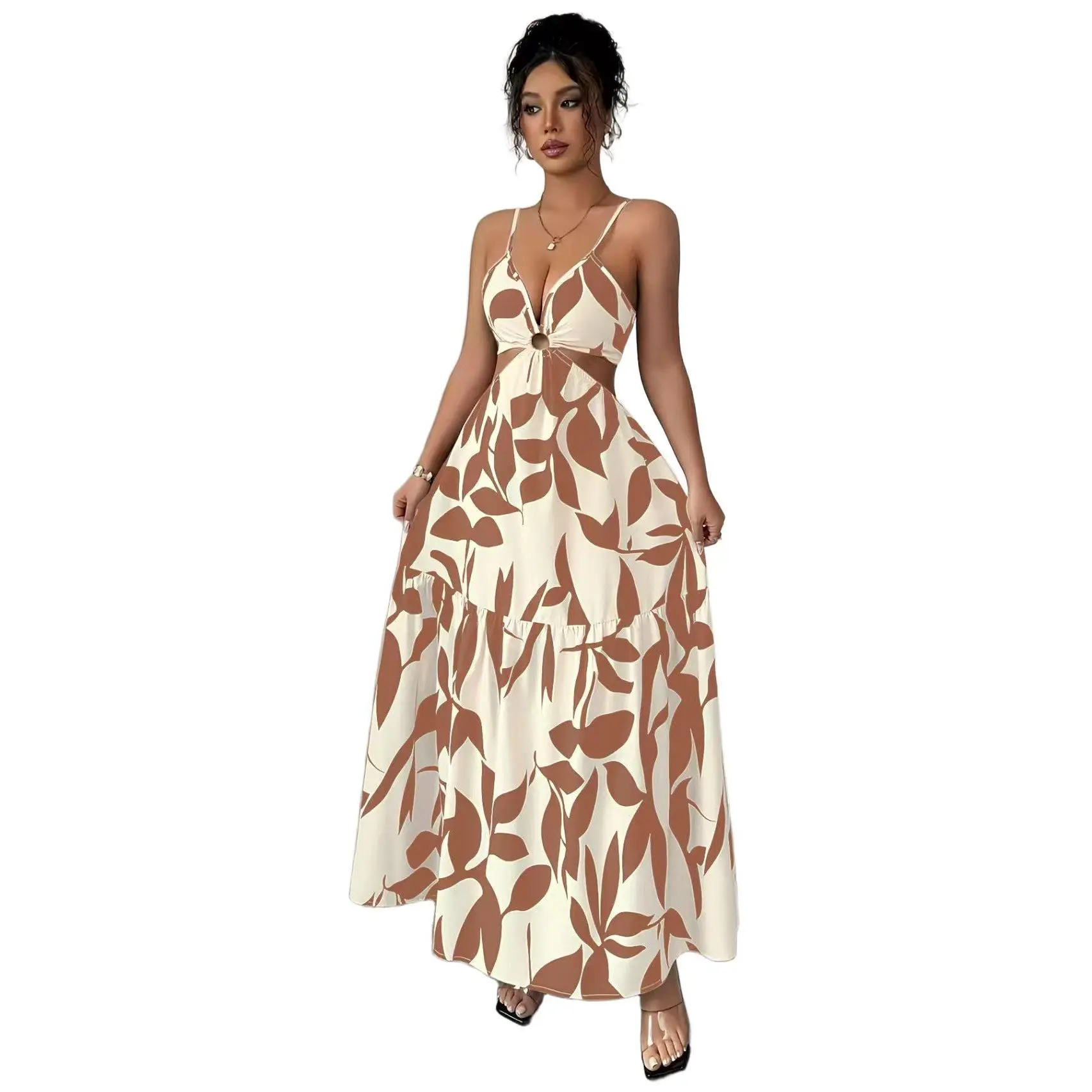 Printed Sleeveless Midi Dress With Defined Waist For Ladies, Slim Casual Work Silhouette Suitable For Office Work, Shopping And Daily Occasions