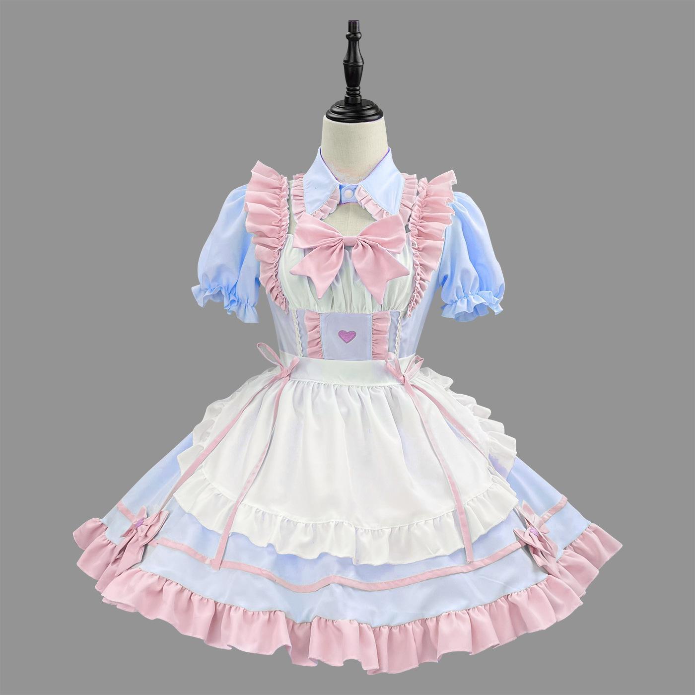 Anime S-5XL Sweet Cute Lolita Maid Dress Cosplay Costume Pink Blue Girl Woman Maid Dress Party Coffee Shop Costumes Rainbow Girl