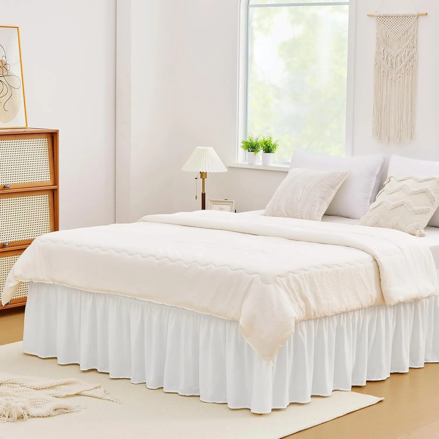 White Queen Size Bed Skirt 14 Inch Drop, Elastic Wrap Around Dust Ruffle Bed Skirting Easy to Install, Adjustable Tailored Bedskirts Fade & Wrinkle Resistant, Bedroom Decor