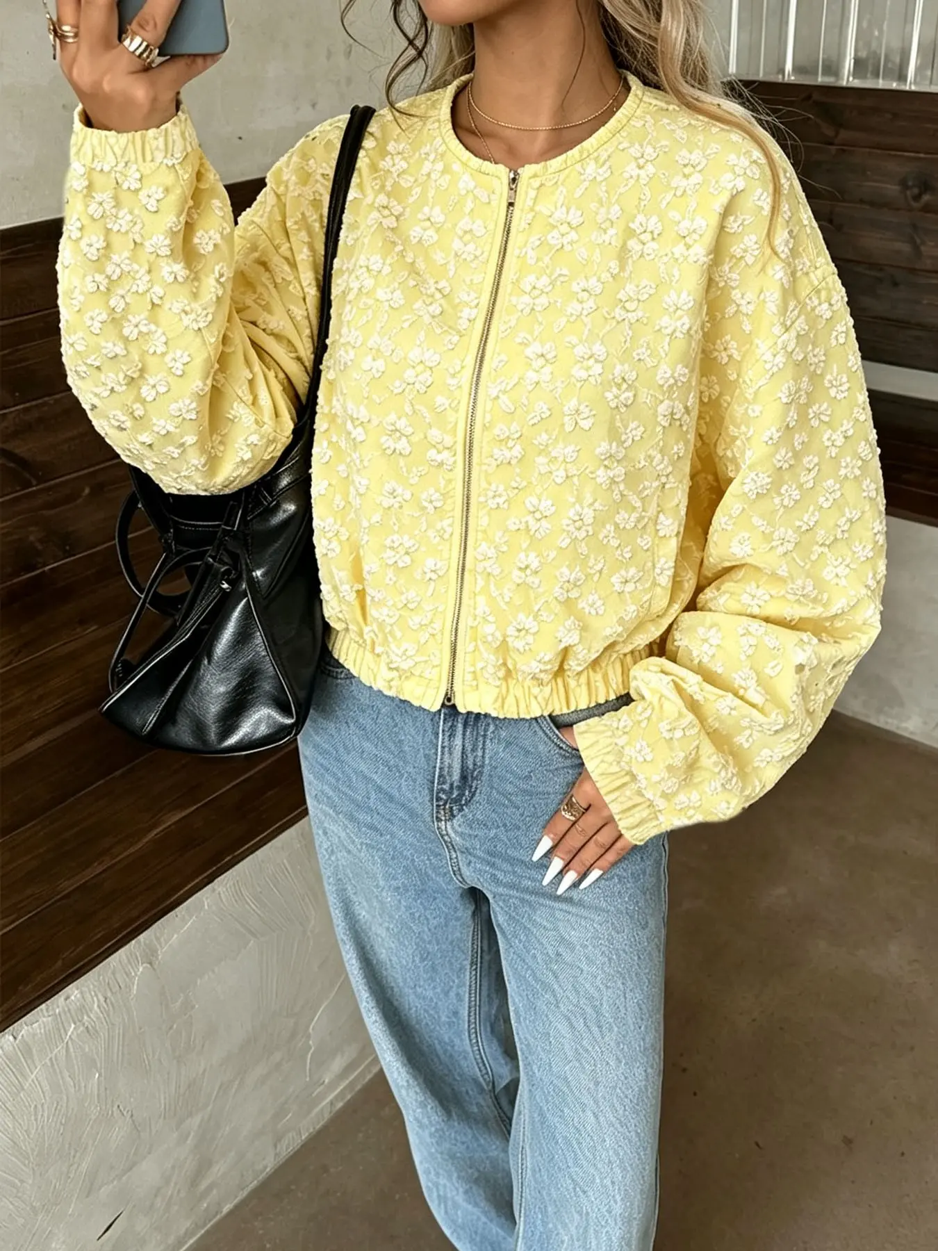 Women's Floral Zip-Up Cropped Jacket, Round Neck Long Sleeve Loose Top, Suitable For Korean Daily Style, Shopping And Spring Outdoor Outfits