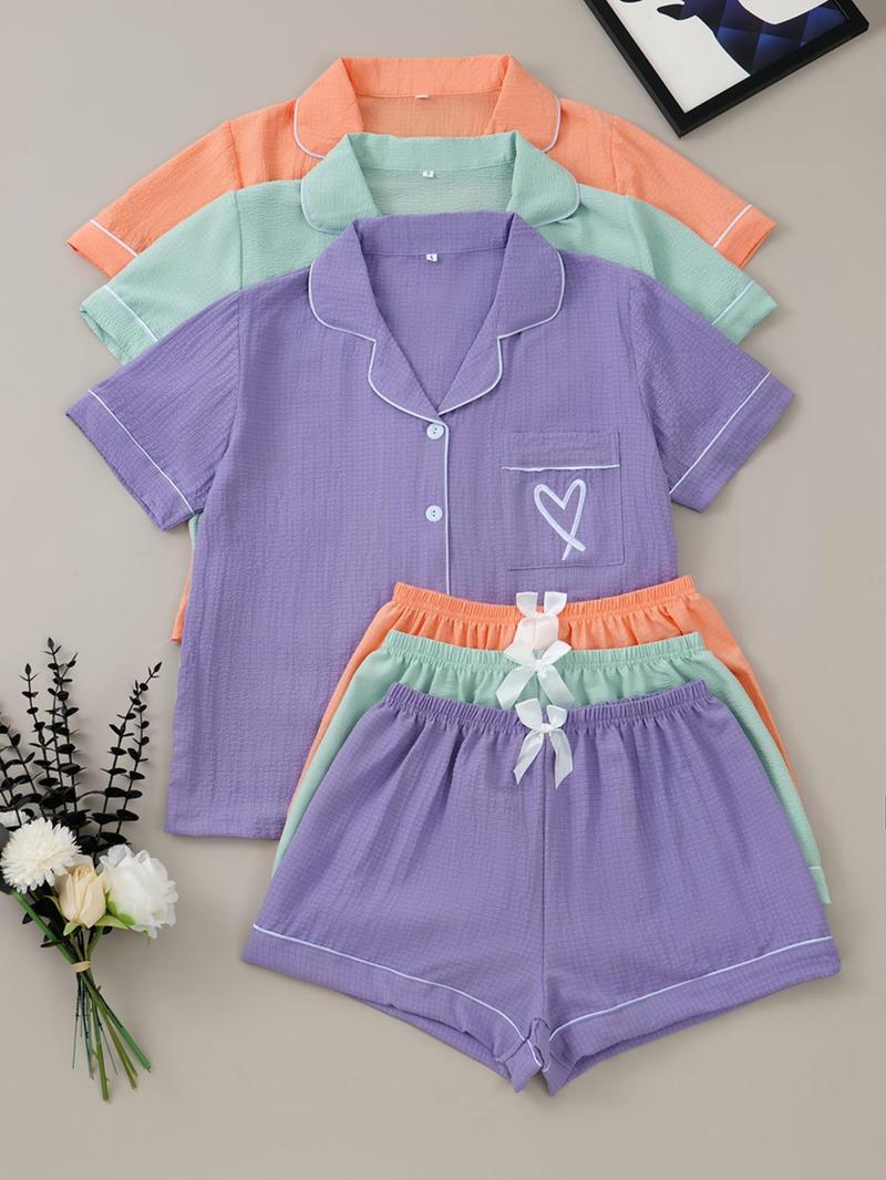 Women's Heart Embroidery Short Sleeve Top & Shorts Pyjama Set, Casual Comfy Pj Set for Women, Women's Sleepwear & for All Seasons, Pajama Set, Sleepwear Pajamas Set