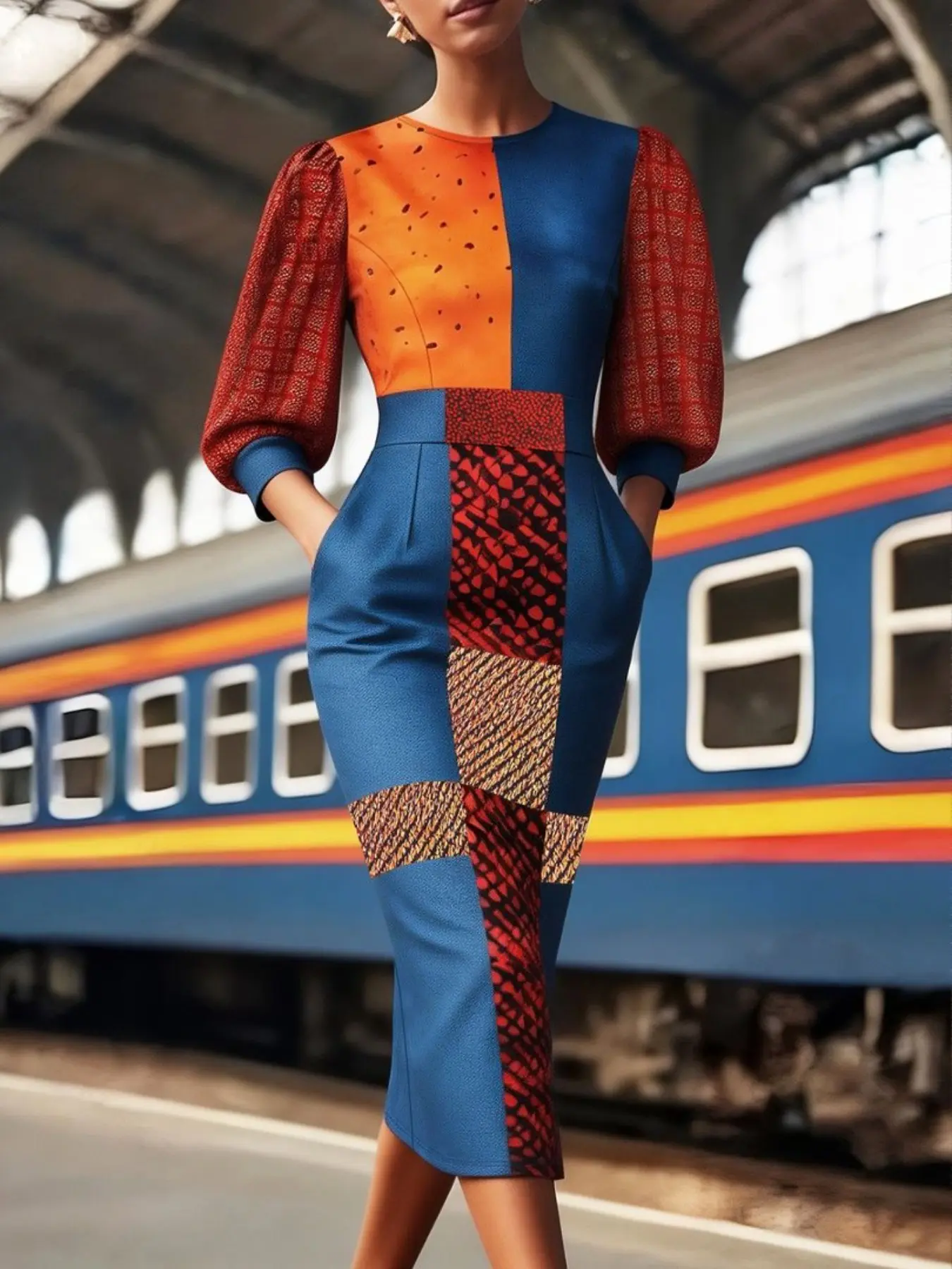 Women's Patchwork Midi Dress, Round Neck Puff Sleeve Ankara Print High Waist Tight Fit Skirt, Side Pocket Design, Elegant, Perfect for Formal Parties