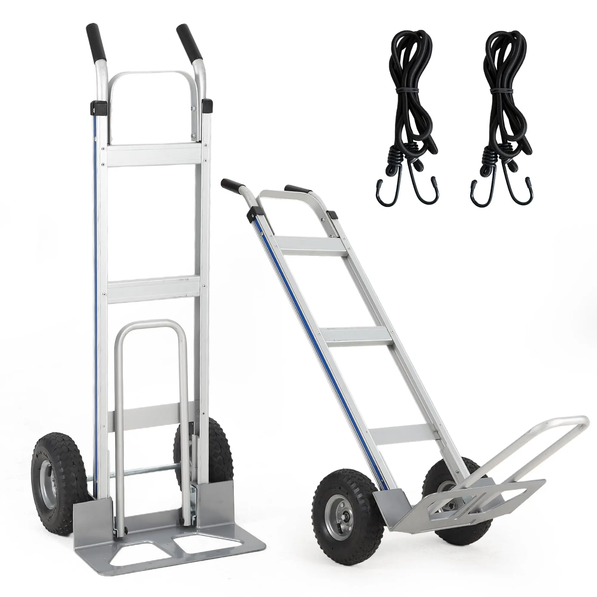 Garvee Durable Aluminum Hand Truck with 272 Kg Capacity, Foldable Platform with Extendable Base, 25 cm Pneumatic Wheels, Includes 2 Elastic Cords, Perfect for Warehouses and Heavy-Duty Use