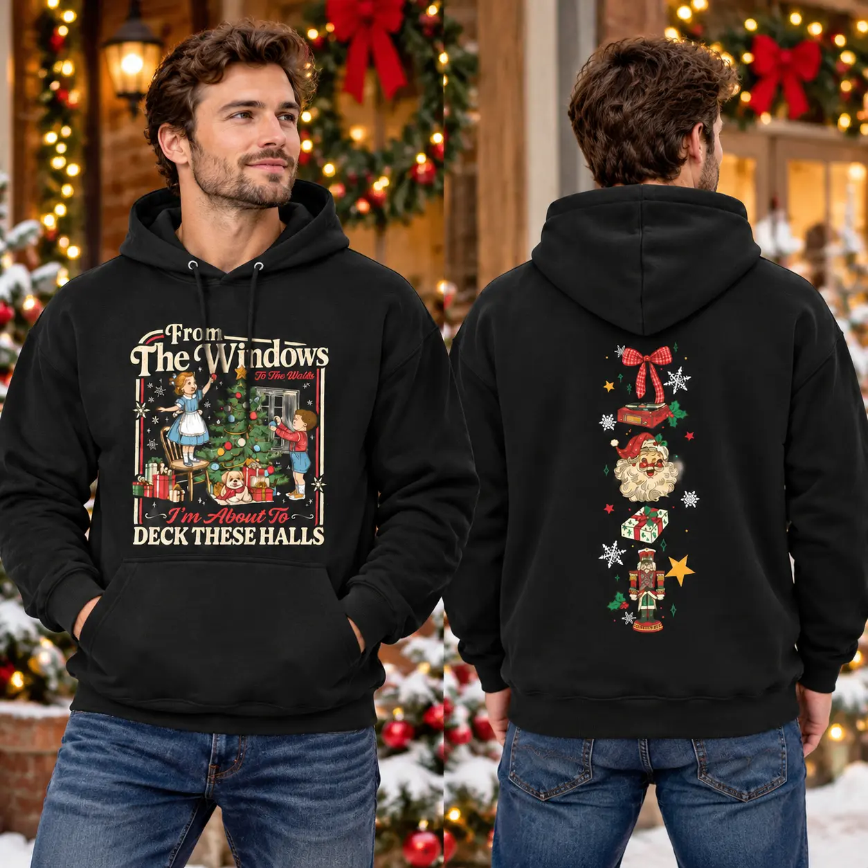 Novelty Christmas Hoodie, Funny Adult Humor Holiday Sweatshirt with Santa, Nutcracker and Gift Graphics, Double-Sided Printed Pullover, Unique Xmas Gift for Friends and Family
