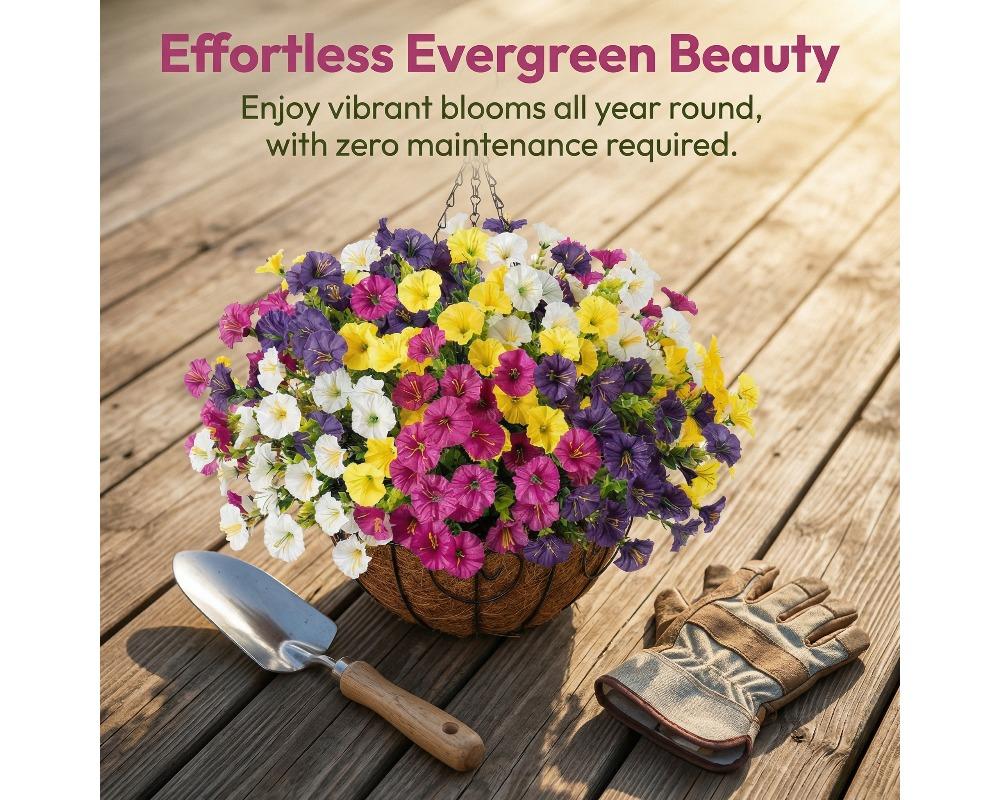 2pcs Artificial Hanging Basket with Morning Glories Faux Flowers in Coco Fiber Liner and Iron Frame Multi-Color Decorative Plant for Balcony, Porch, and Yard Lightweight and Easy to Hang Design Available in Multiple Vibrant Colors