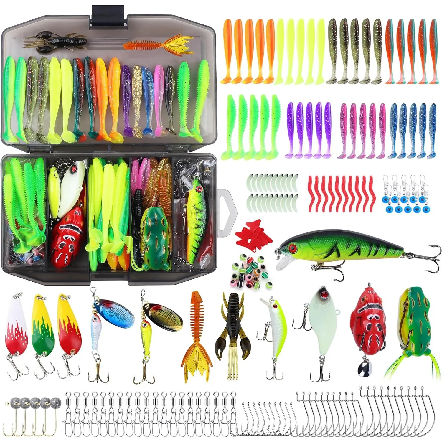 220 count Fishing Lures Equipment Tackle Gear Box for Bass, Fish Kit with Soft Lures,Hooks, Accessories Tools,Frog,Worms,Plastic , Swimbait,Crappie Jigs,Crankbaits, Gifts for Men