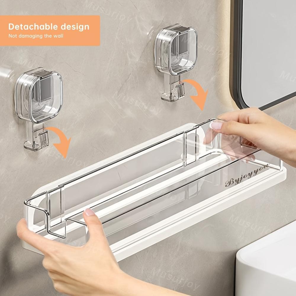 Easy Install Suction Cup Bathroom Shelf, No Drilling Required, Thick Plastic & Aluminum Alloy, Wall Mounted Shower Rack, Bathroom Organizing Accessories, Corner Storage