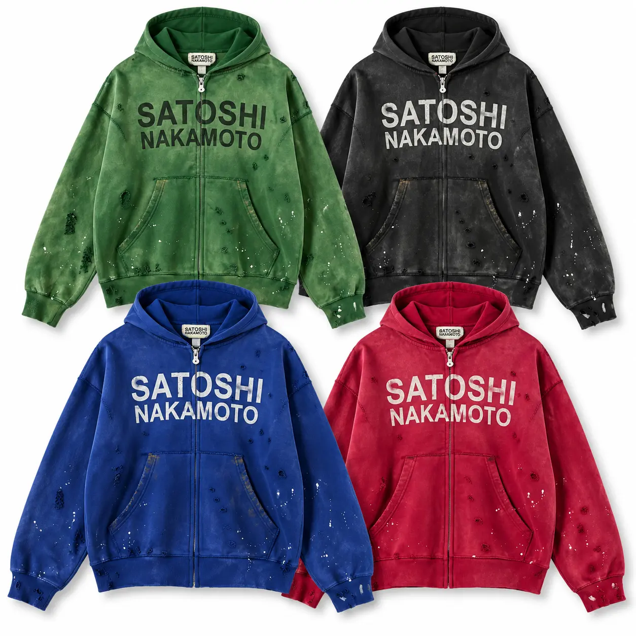 SATOSHI NAKAMOTO 26SS Luke Logo Zip Up Hoodie Vintage Washed Distressed Splatter Graphic Oversized Unisex Y2K Streetwear Jacket Fall Fashion