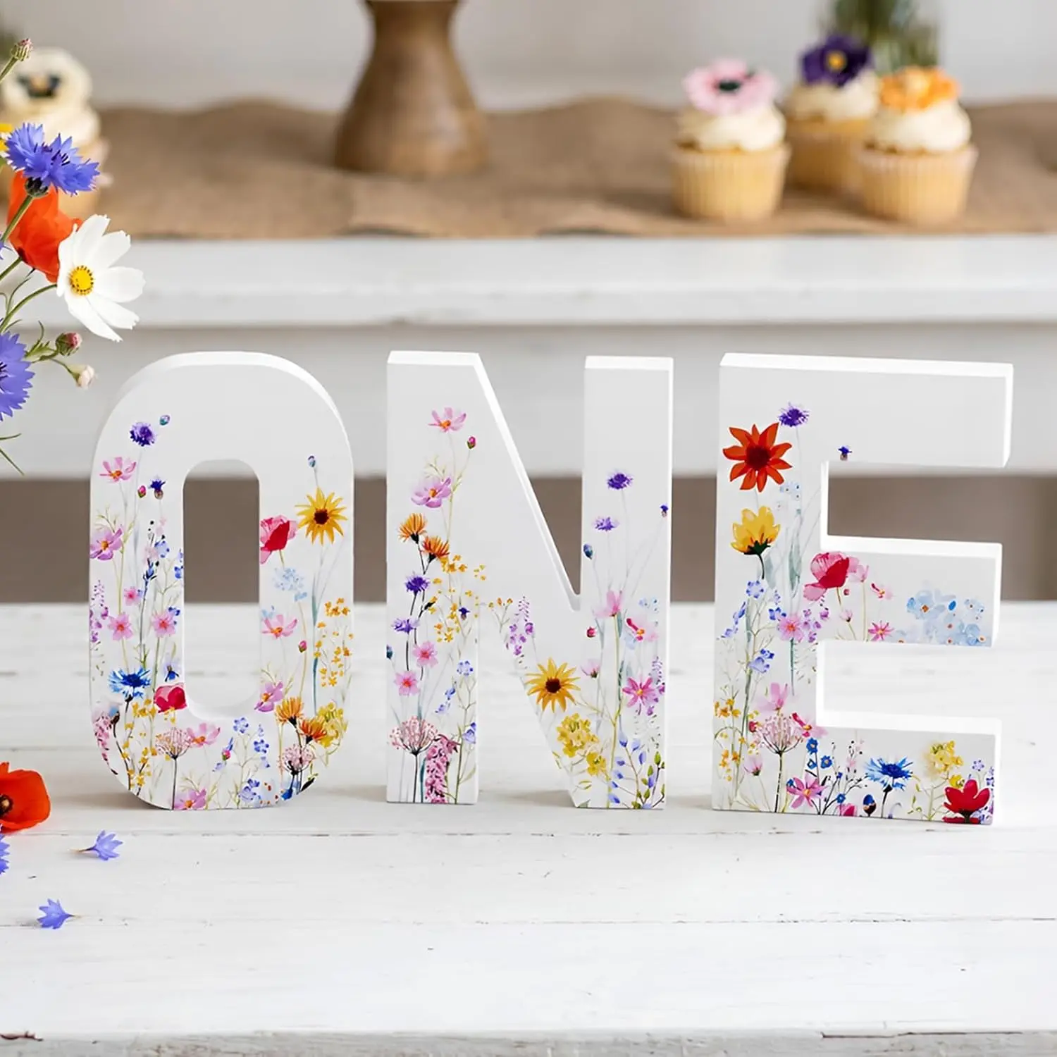 Wildflower First Birthday Decorations, Floral Wooden One Sign for Baby Girl 1st Birthday, Wildflower One Table Centerpiece, One Letter Photo Prop for Floral First Birthday Party Supplies
