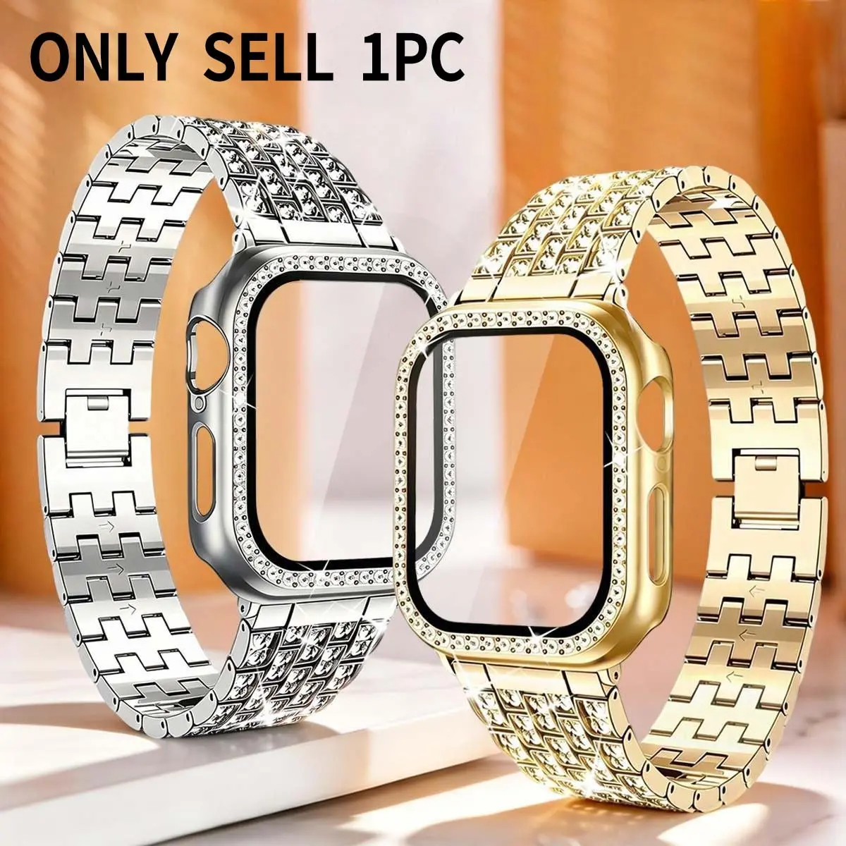 Stainless Steel Watch Strap and Case Set, Diamond-Embedded Adjustable Band, Shockproof Screen Protector, Fits Apple Watches S11-S4/se/ultra