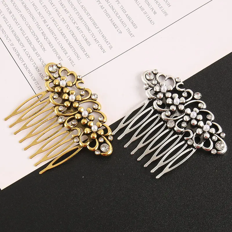Vintage Floral Rhinestone Pearl Hair Comb, Retro Hollow Metal Side Hair Combs, Decorative Hair Insert Comb Bridal Wedding Party Hair Accessories for Women Girls, 2 Colors Available