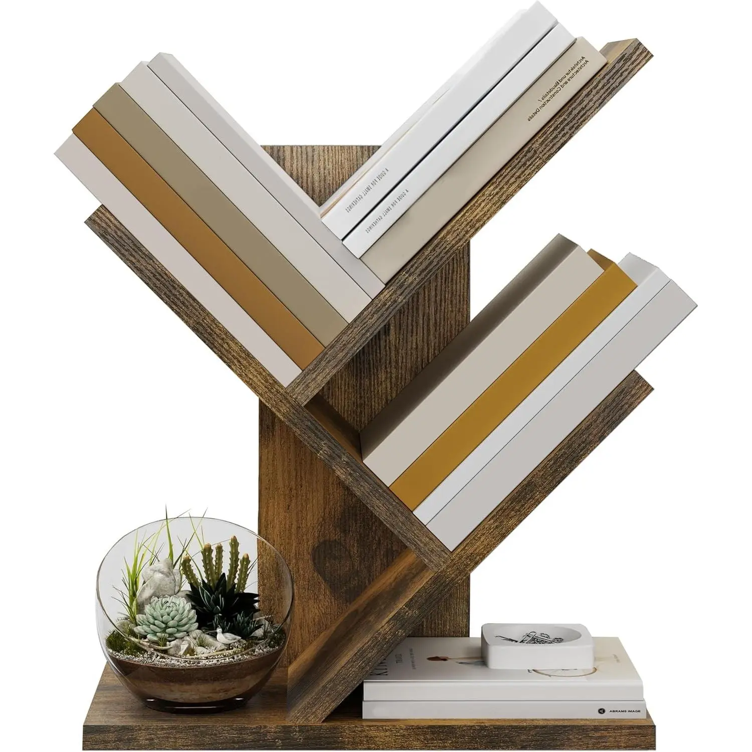 Tree Bookshelf 3-Tier Small Book Organizer, Rustic Brown | Mini Bookshelf, Small Bookcase, Modern Book Storage for Books/CDs, Tabletop Bookshelf for Desk, Bedroom, Living Room, Office