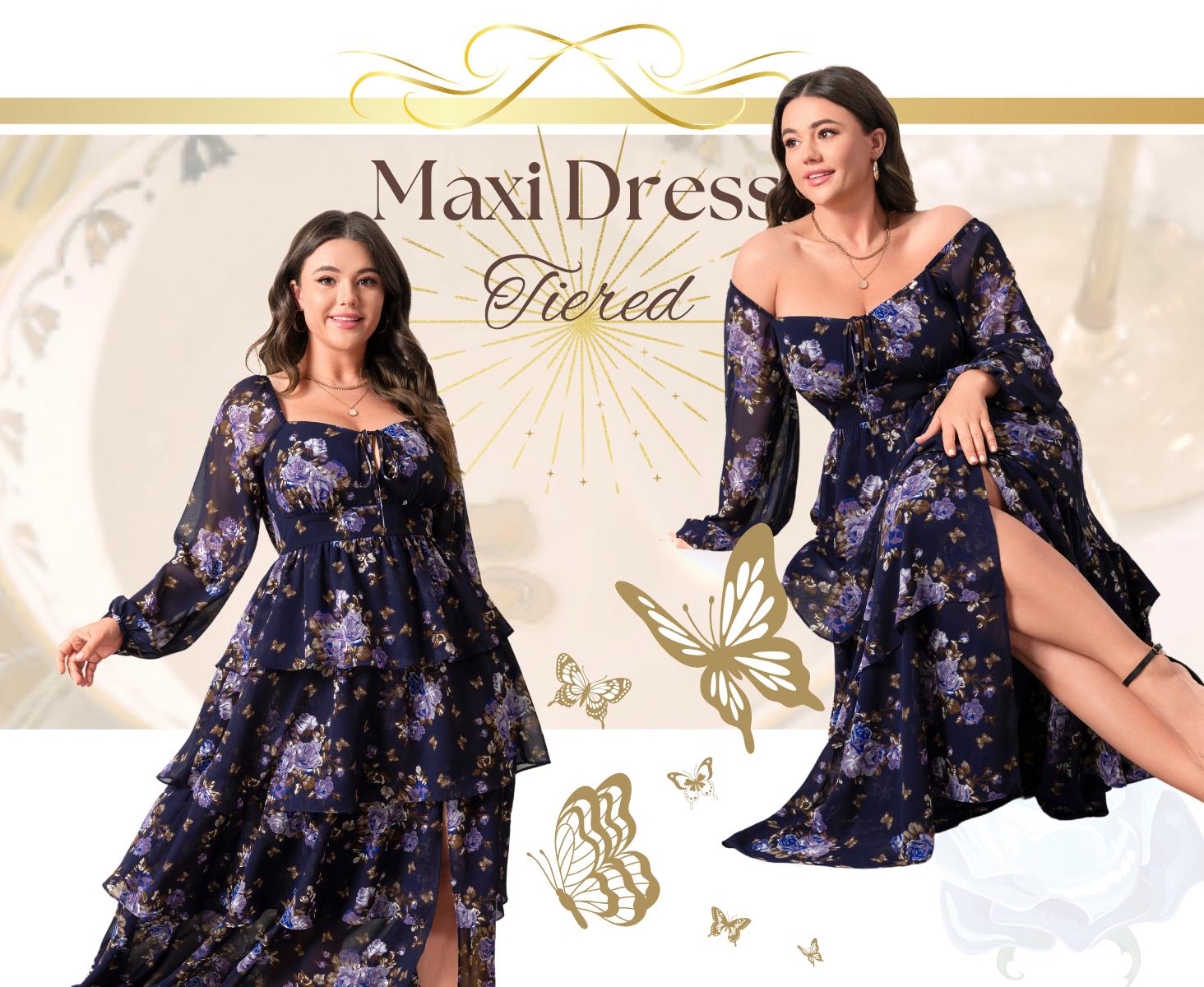 EYWOL Women's Plus Size Holiday Dress Christmas Party & Thanksgiving Outfit Boho Floral Long Sleeve Maxi with Side Slit Tiered Ruffles