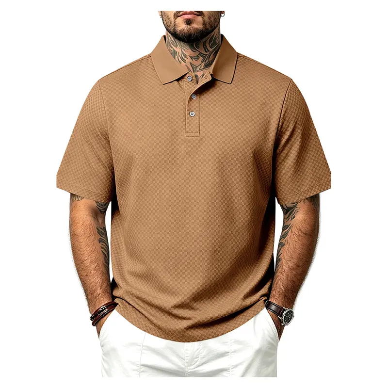 Men's American Heavyweight Stretch Jacquard Textured Short Sleeve Polo Shirt, Loose Fit Breathable Collared Casual Top, Simple Soft Elastic Tee for Daily Commute Business Vacation Outdoor Everyday Wear