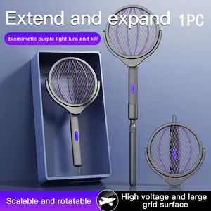 Foldable Extendable Electric Mosquito Swatter, Rotating Head Rechargeable Fly Swat, 360° Rotation, Bug Light, Adjustable Rod, Rechargeable Mosquito Zapper