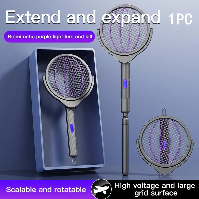 Foldable Extendable Electric Mosquito Swatter, Rotating Head Rechargeable Fly Swat, 360° Rotation, Bug Light, Adjustable Rod, Rechargeable Mosquito Zapper