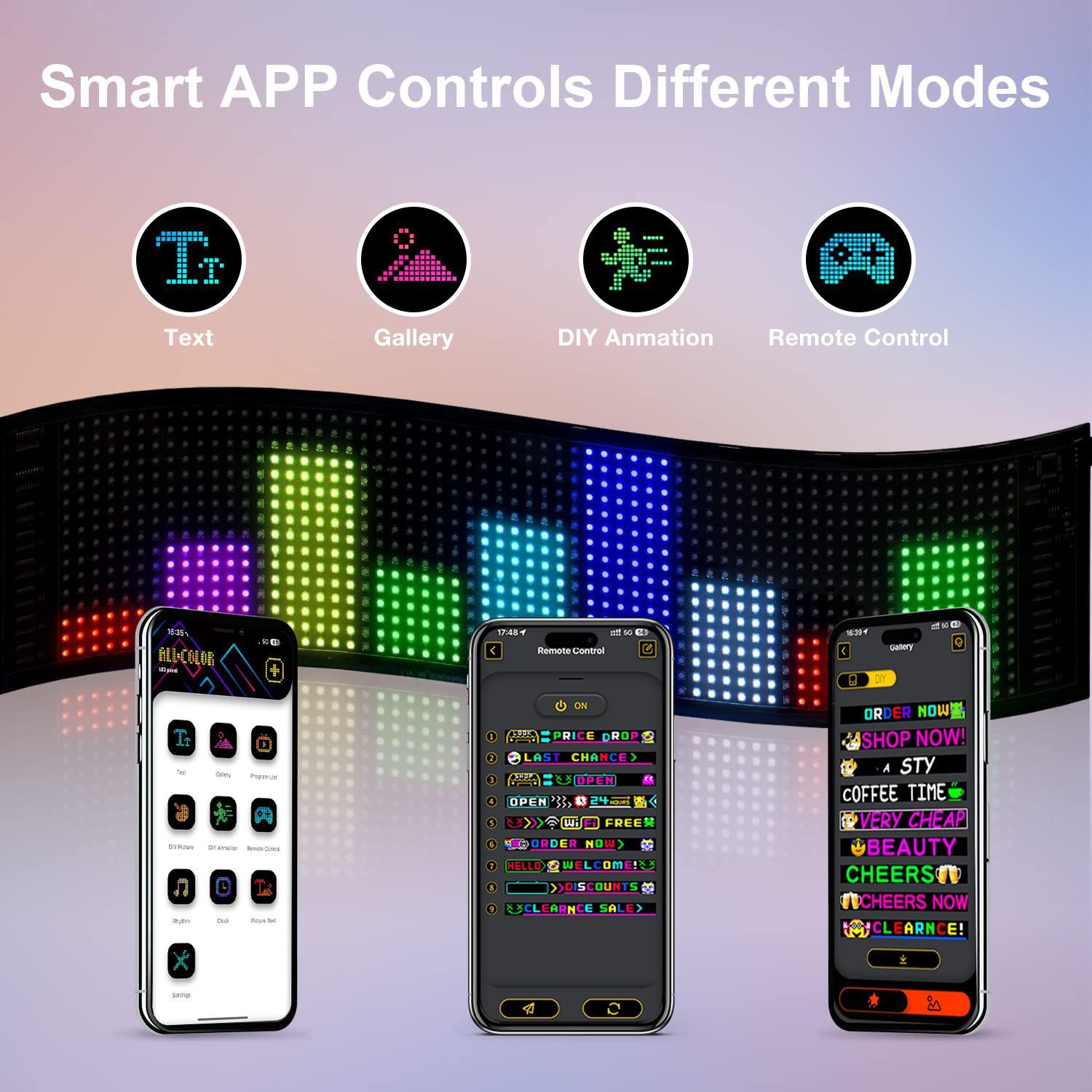 Programmable LED Sign, 1 Set Flexible Loop Playback LED Store Sign with Remote Control & APP Control, Scrolling Custom Text Pattern Animation DIY Digital LED Display