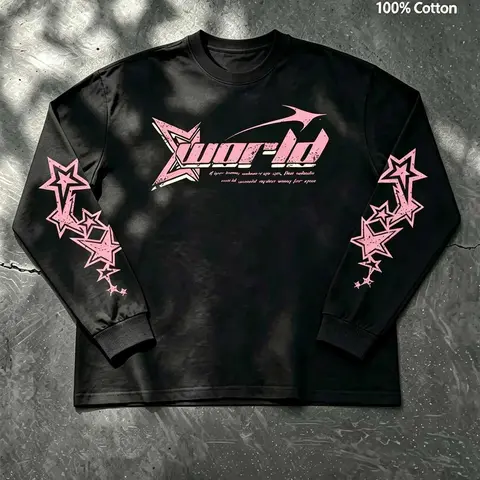 Y2K Stars Letter Print Long Sleeve T-Shirt, 100% Cotton Loose Fit, Unisex Street Style Top, Spring & Fall Casual Wear Streetwear