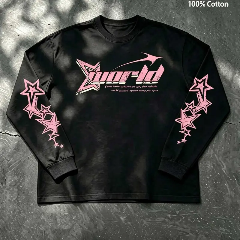 Y2K Stars Letter Print Long Sleeve T-Shirt, 100% Cotton Loose Fit, Unisex Street Style Top, Spring & Fall Casual Wear Streetwear