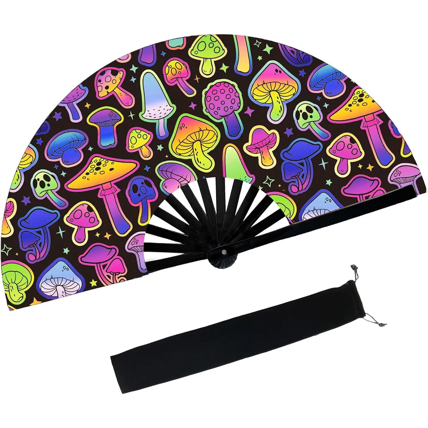 Large Folding Hand  Fan,Clack Handheld Fan with Fan Bag,for  Festivals,Carnival,Rainbow Outfits,Disco Party,Neon Party, Glow Party Decorations Supplies.