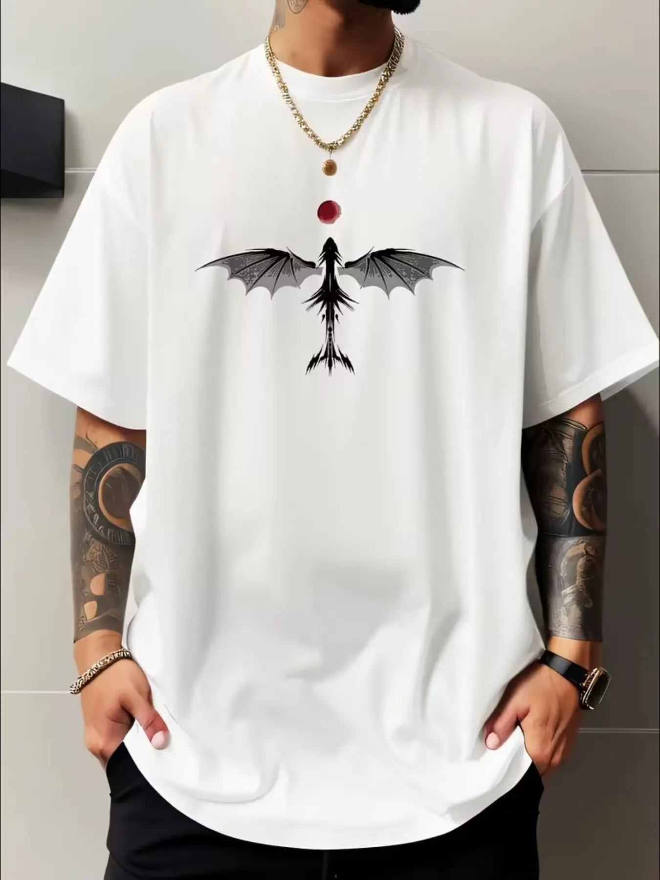 Symmetrical Dual-Wing Dragon Top with Bead, Minimalist Line Design, Small Size Chest Pattern, Basic Style, Casual Crop T-Shirt