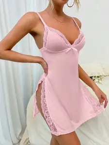 Women Lace Side Slit Sexy Cami Nightgown Slip Dress Adjustable Thin Straps Lightweight Breathable Loungewear Soft Comfortable Lingerie Vacation Sleepwear Summer Going-Out Outfit Y2K Aesthetic Party Outfit