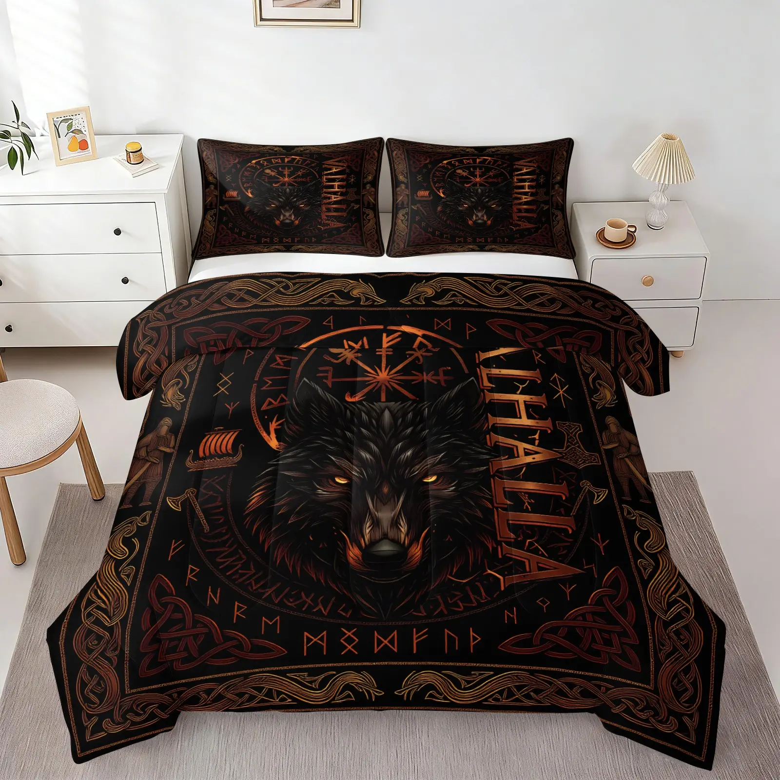 Viking Norse Wolf Comforter Set, Cool Dark Gothic Decor Bedding Set, 1 Quilt & 1/2 Pillowcase No Pillow Insert, Ideal Birthday Holiday Gift, Soft Cozy Bed Comforter for Men Norse Lovers Bedroom Home Decor