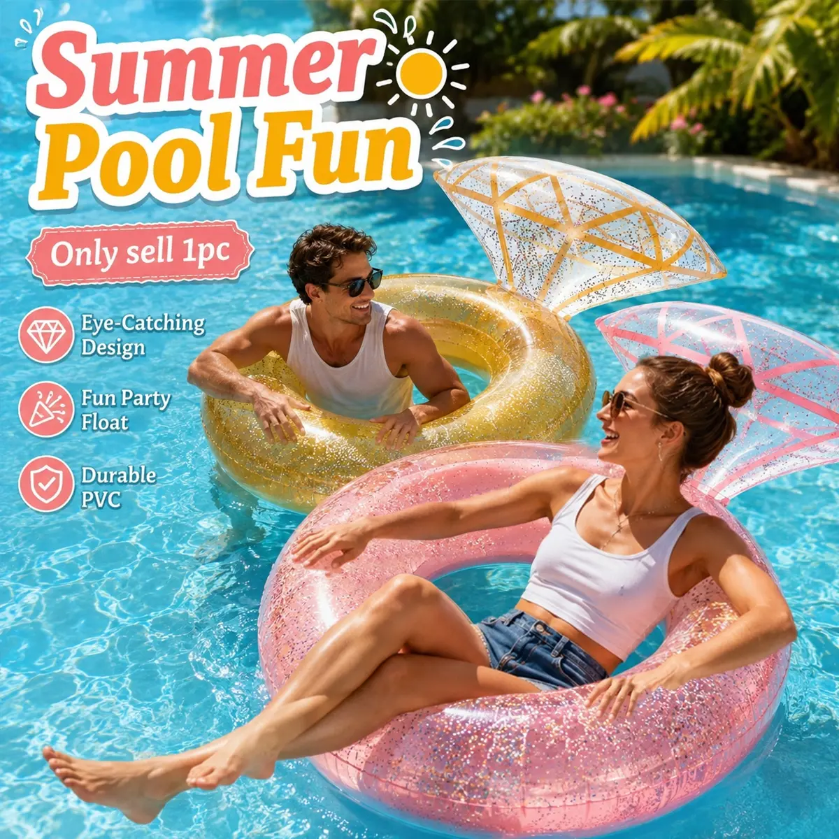 Diamond Ring Inflatable Pool Float for Adults, Glitter Party Swim Ring, Large Floating Ring, Large PVC Floating Lounge with Sparkle Finish, Durable Pool Tube for Women, Bridal Shower, Engagement, Wedding, Beach, Lake, Summer Pool Party