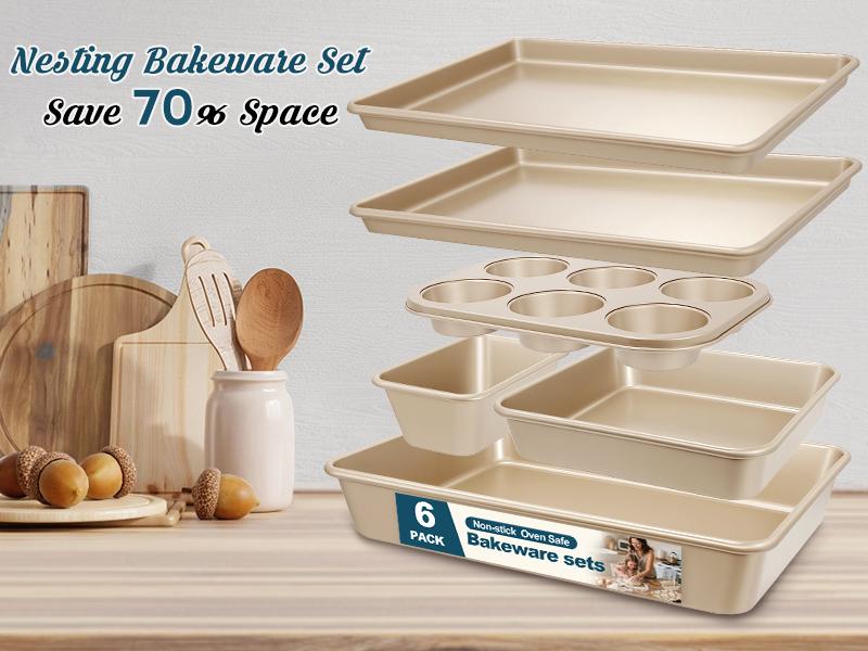 Baking Pans Set, Nonstick Stackable Bakeware Sets, Oven Pans for Cooking 6 Pieces Baking Sheets Set Including Cookie Sheet, Deep Roaster Pan, Square Pan, Loaf Pan, Muffin Pan, Carbon Steel