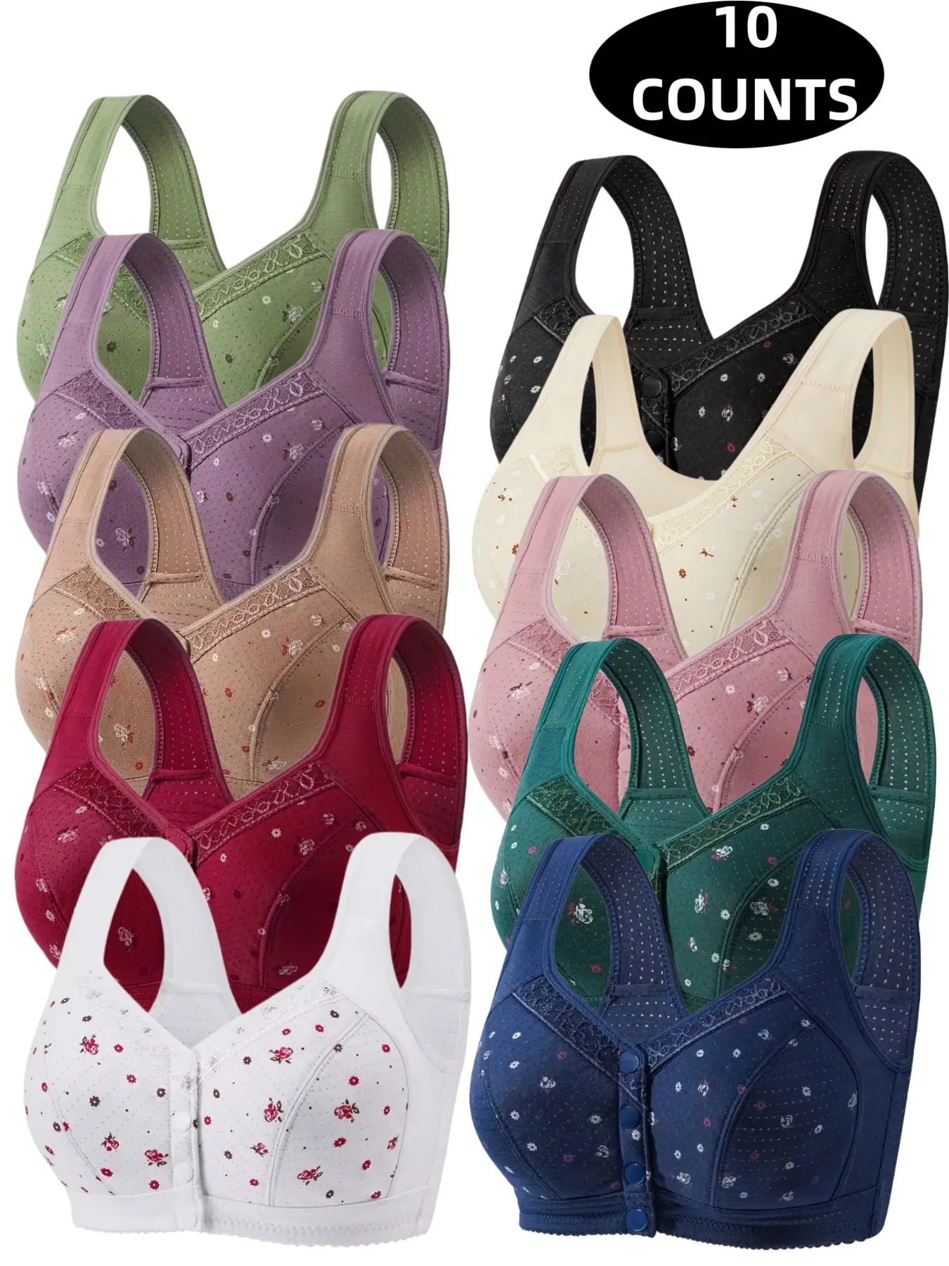 10-Pack Women's Lace Wireless Front Buckle Push-Up Bra, Seamless Comfort Fit, Daily Wear Underwire-Free Bra, Breathable Soft Fabric, All-Day Support, Elegant