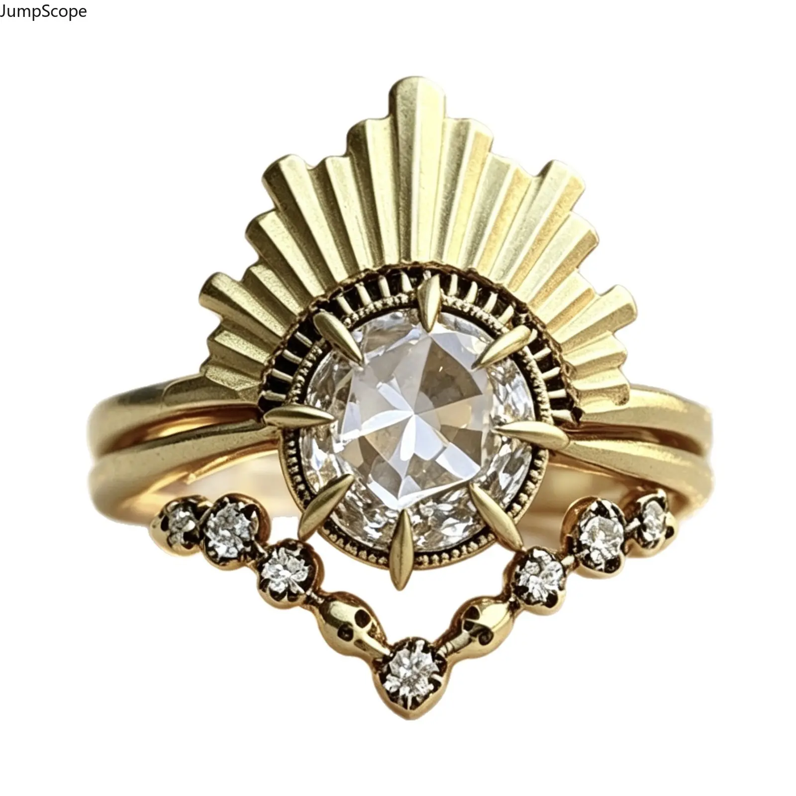 14K Matte Vintage Gold Plated Sunburst Skull 2Pcs Gothic Bridal Ring Set For Women, Round Old Mine Clear CZ Spike Prong Milgrain Solitaire Skull Pave Stackable Dark Celestial Engagement Wedding Band For Rock Party Dark Wedding Formal Wear