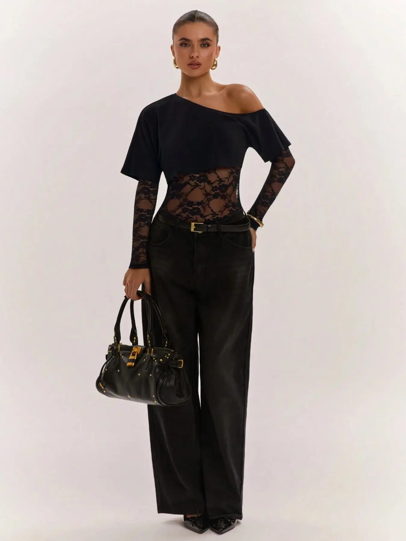 Women's Off Shoulder Crop Top + Sheer Lace Bodysuit, Elegant Layering Outfit for Party Daily Wear
