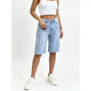 Light Blue Denim Bermuda Shorts | Mid Rise Loose Straight Leg, Stretchy, Patchwork Front + Frayed Hem, Sizes up to XXXL
