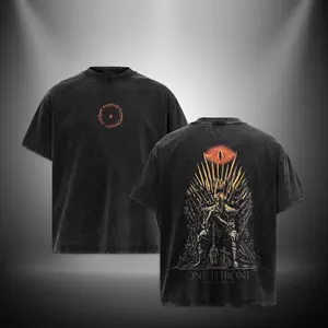 Retro Dark Lord Fiery Ring Script Chest Logo & Iron Throne Armored Warrior Eye of Fire Full Back Portrait Dual-Sided Vintage Washed Black T-Shirt, Unisex Oversized Heavyweight Cotton Streetwear Top, Ideal Gift for Dark Fantasy Fans