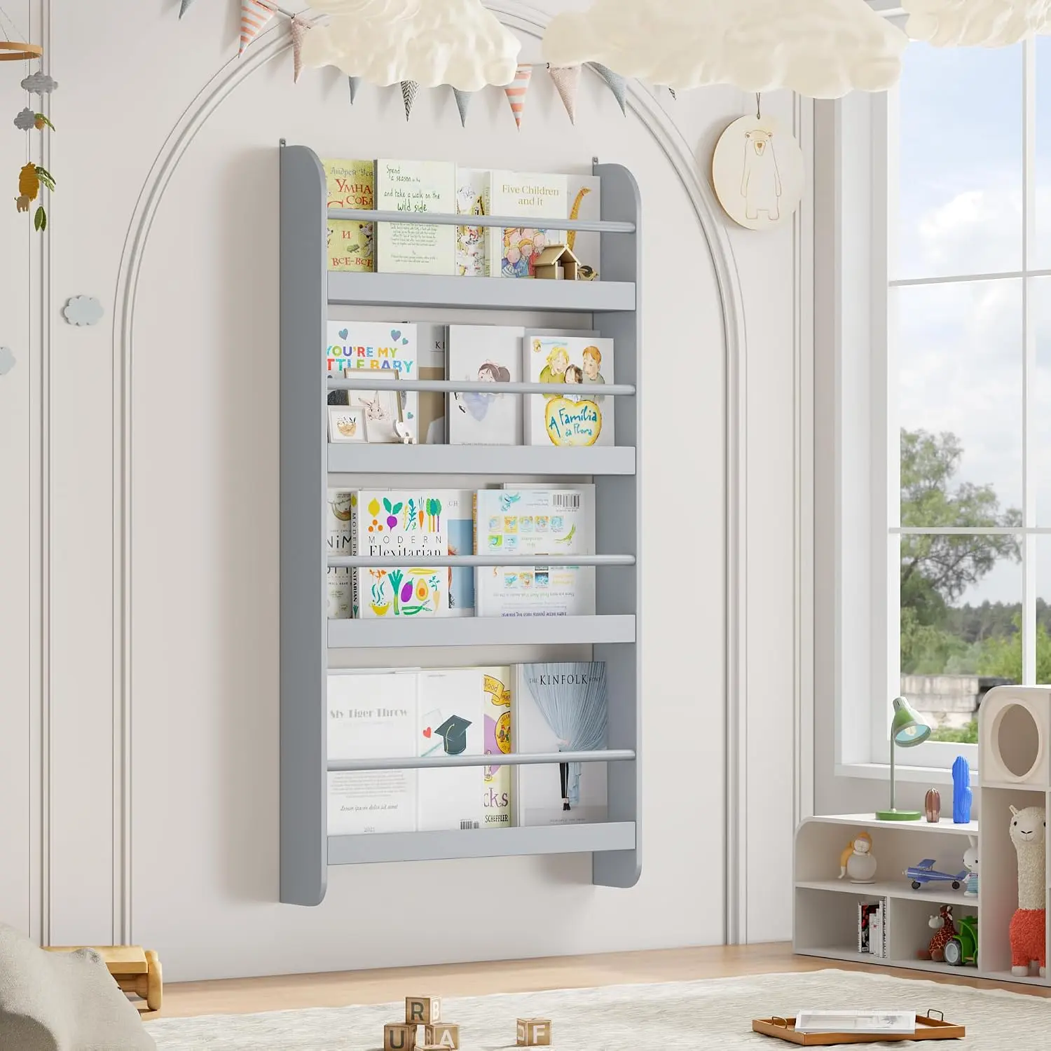 Bookshelf, 4-Tier Wall Mount Book Shelf for  Rooms | 4-Tier Wall Bookshelf for , Book Shelf for  Rooms Behind Door,  Storage Bookshelf for Playroom, Living Room, Grey