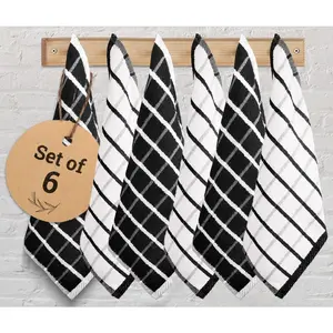 Villa Dish Cloths Cotton Pack of 6, Absorbent Quick Drying Soft Dish Towels for with Loop Hand & Tea Towels - 12x12 Inch, (Black & White, Checks)