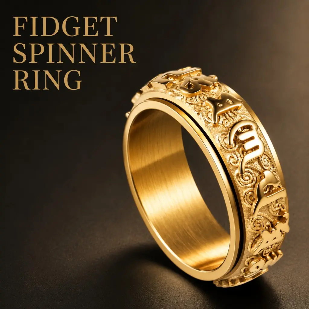 Gold 3D Carved Spinner Ring for Men Women, Titanium Steel Rotating Fidget Ring, Anxiety Stress Relief Meditation Band, Vintage Embossed Comfort Fit Daily Wear Rotatable Band, Non Tarnish Fashion Stackable Jewelry Gift, Size 8-12 Available