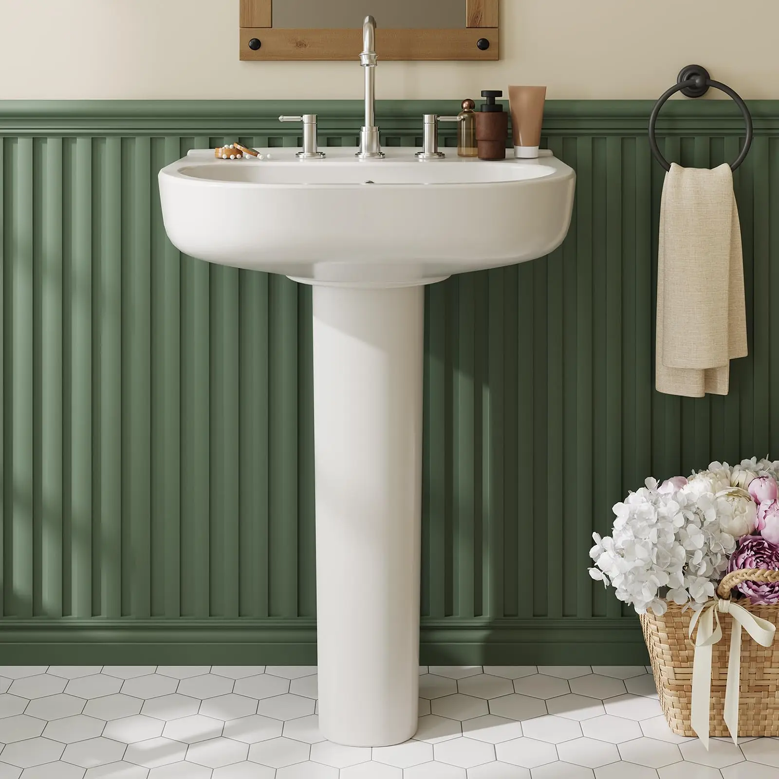 Pedestal Sink Combo with Backsplash – Rectangular Porcelain Basin, Single or 3‑Hole Faucet Fit (4"/8" Centers), White, Includes Overflow